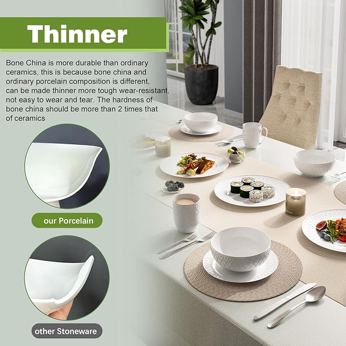 Yoshy 16-Piece White Embossed Mesh Bone China Dinnerware with Lightweight Durable Chip Resistant Design Service for 4