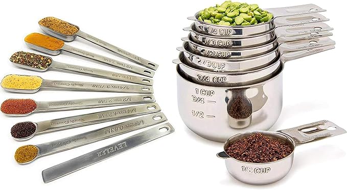 Measuring Cups and Spoons Set of 15, Stackable Cups, Long Handle with Leveler Fits Narrow Jars, 304 Premium Stainless Steel, Kitchen Gadgets for Liquid & Dry Ingredients Cooking Baking