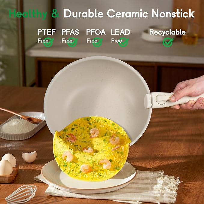 22Pcs Ceramic Cookware Set, Detachable Handle Non Stick Pots and Pans for Oven/Induction, All-in-One Kitchen Utensils Set, Cream White