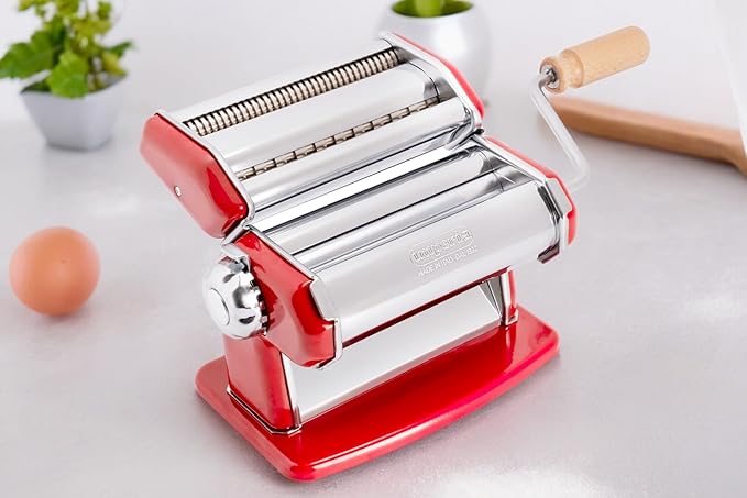 Imperia Pasta Maker Machine, Red- 100% Made in Italy, Heavy Duty Steel Construction, Easy Lock Dial Wood Grip Handle & Cleaning Brush- Fresh Homemade Italian Spaghetti Fettuccine Lasagna, Classic Line