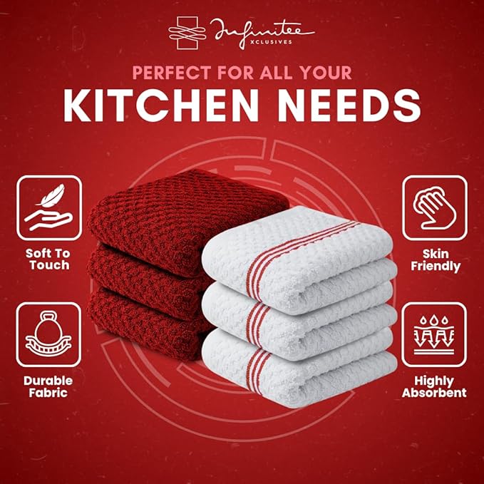 Infinitee Xclusives 100% Cotton Kitchen Towels - 15x25 Inch Ultra Soft Tea Towels, Super Absorbent Terry Dish Towel for Kitchen Linens |Passionate Red|