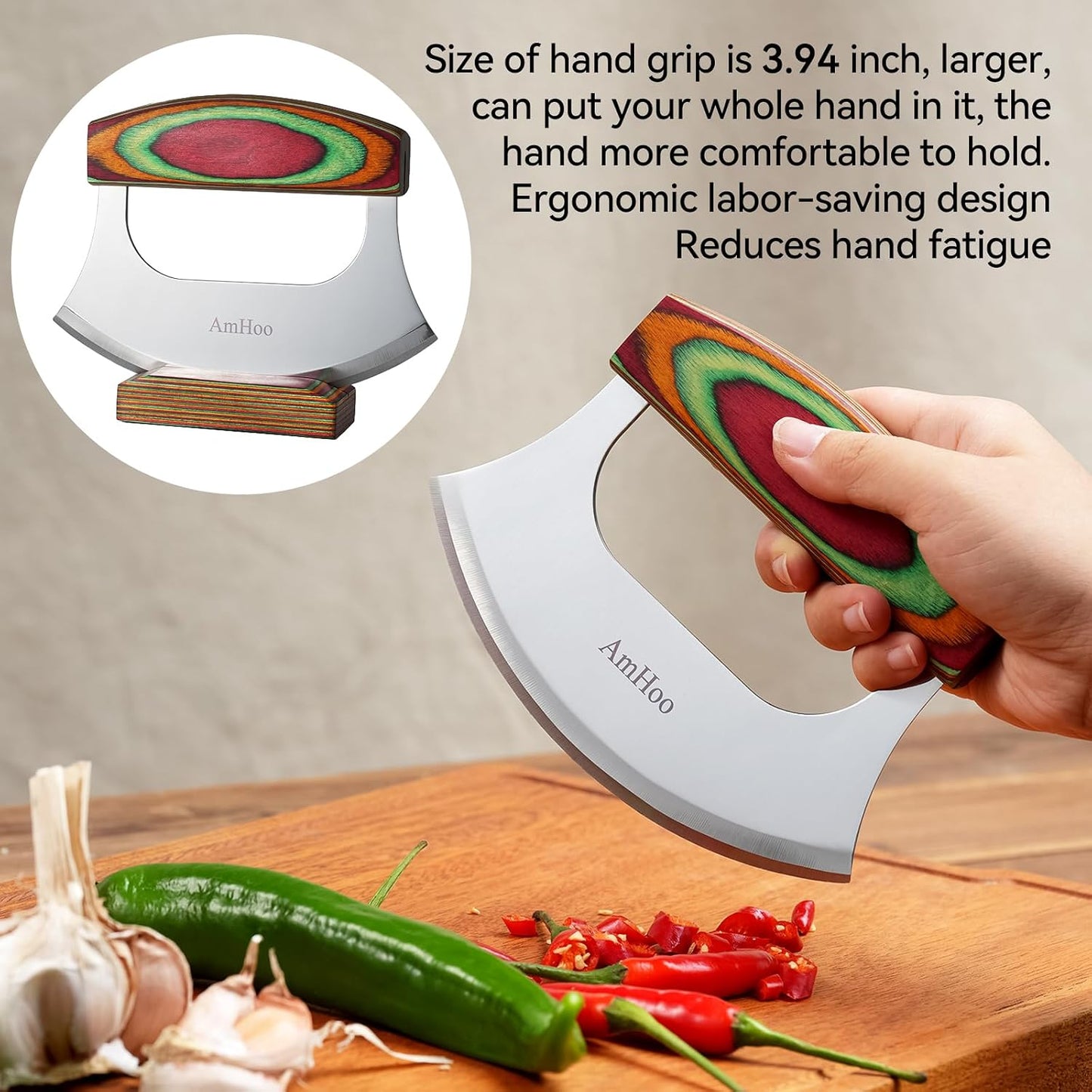 AmHoo Pizza Cutter 6.5 Inch Chef Mezzaluna Ulu Knife Handle Color Wood Grip Sharp Rocker Slicer Stainless Steel Blade Salad Onion Vegetable Chopper with Holder Base Christmas Gifts