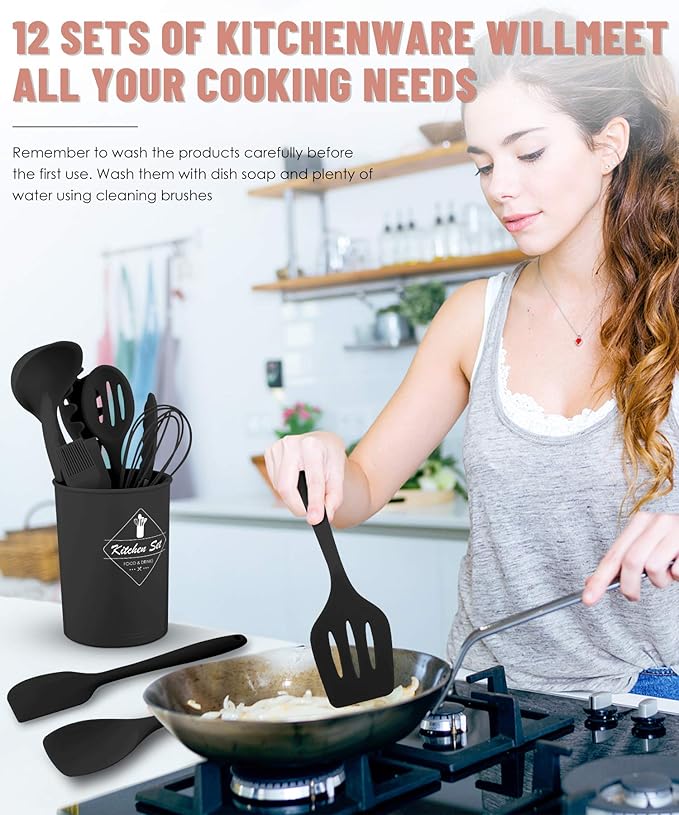 Kitchen Utensils Set-12 Pieces Silicone Cooking Utensils Set Dishwasher Safe 392°F Heat Resistant Spatula Set Nonstick Cookware