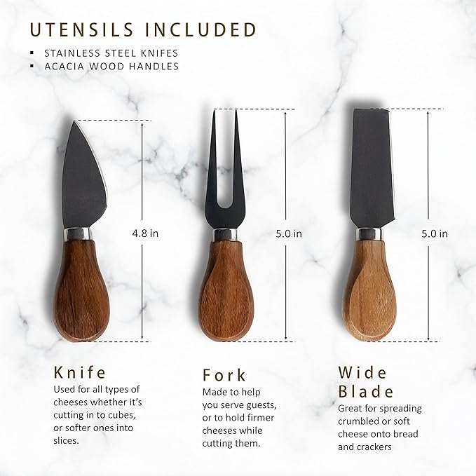 Marble Cheese Board - Acacia Wood Tray With 3-Knife Set - Charcuterie Board for 2-6 People - Great Gift for Weddings, Anniversary & Housewarming Parties - Black