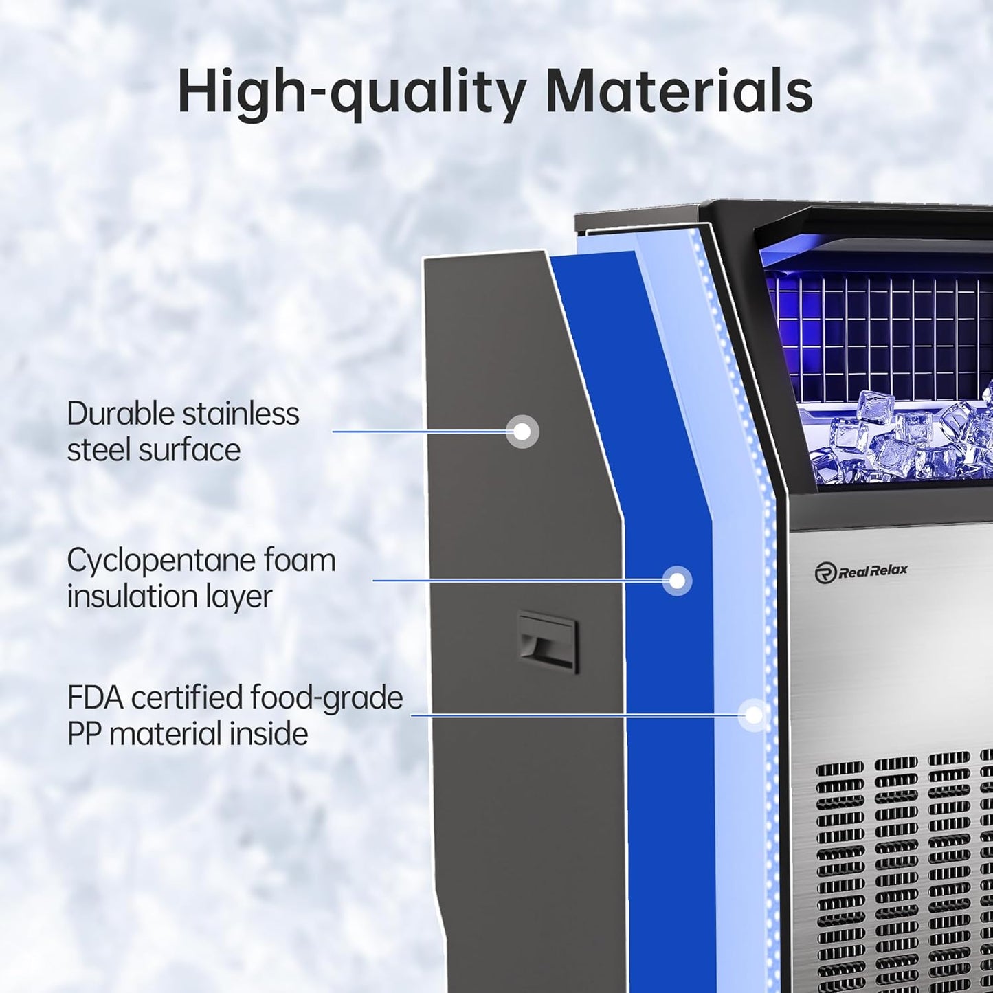 Real Relax Commercial Ice Maker Machine, 270LBS/24H Integrated Ice Machine, 48LBS Ice Storage Capacity, Auto Self-Cleaning, LCD Display, Blue Light, with Ice Scoop for Home Restaurant Bar Office Party