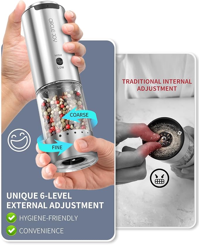 CIRCLE JOY Electric Pepper Grinder Stainless Steel Rechargeable Pepper Mill with Variable Grinding Speed, External Adjustable Coarseness, 95ml Container and White LED Light, Silver