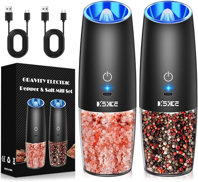 XinXu Rechargeable Pepper and Salt Grinder Set, No Battery Needed, whit Gravity Sensing Switch and LED Light, One Hand Automatic Operation -Black/2 Pack