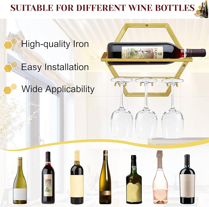 2Pcs Wall Mounted Wine Bottle Stemware Rack, Metal Hanging Wine Display Holder with 3 Stemware Glass Organizer, Red Wine Racks for Home Kitchen Bar Decor (Gold)