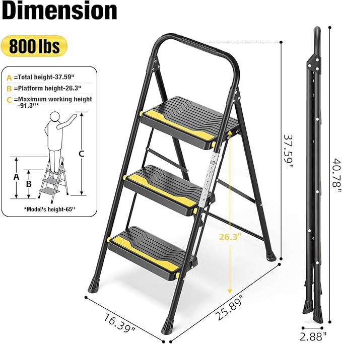 3 Step Ladder, Heavy-Duty 800lb Capacity, Wide Anti-Slip Steps & Secure Handrail Compact, Folding Step Stool Portable Design for Home, Kitchen, Office, Pantry, Closet Use, Black
