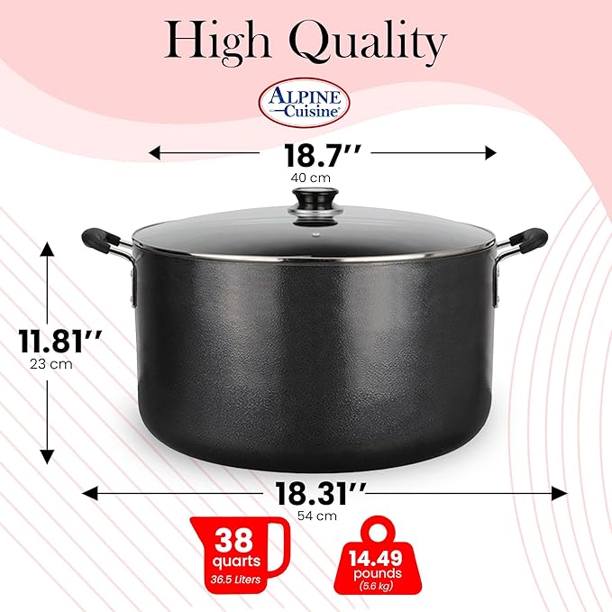 Alpine Cuisine 38 Quart Non-stick Stock Pot with Tempered Glass Lid and Carrying Handles, Multi-Purpose Cookware Aluminum Dutch Oven for Braising, Boiling, Stewing