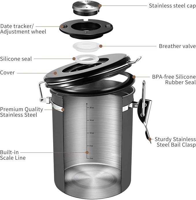 Veken Coffee Canister, Airtight Stainless Steel Kitchen Food Storage Container with Date Tracker and Scoop for Grounds Coffee, Beans, Tea, Flour, Cereal, Sugar, 22OZ, Gray