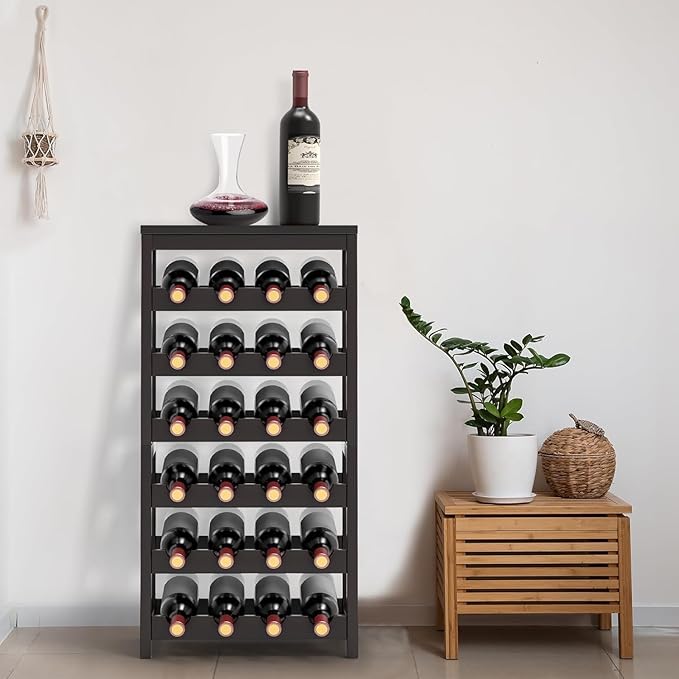 24-Bottle Wine Rack Freestanding Floor, 6-Tier Bamboo Wine Display Rack Storage Shelf with Table Top for Kitchen Dining Room Bar Cellar - Dark Brown