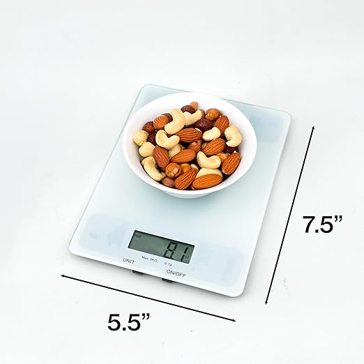 Glass Platform Digital Kitchen Scale - for Food Coffee Lab - LCD Display gram Ounces lb:oz fl.oz ml - 11 LB/5 KG Capacity - Battery Included - White by The Display Guys