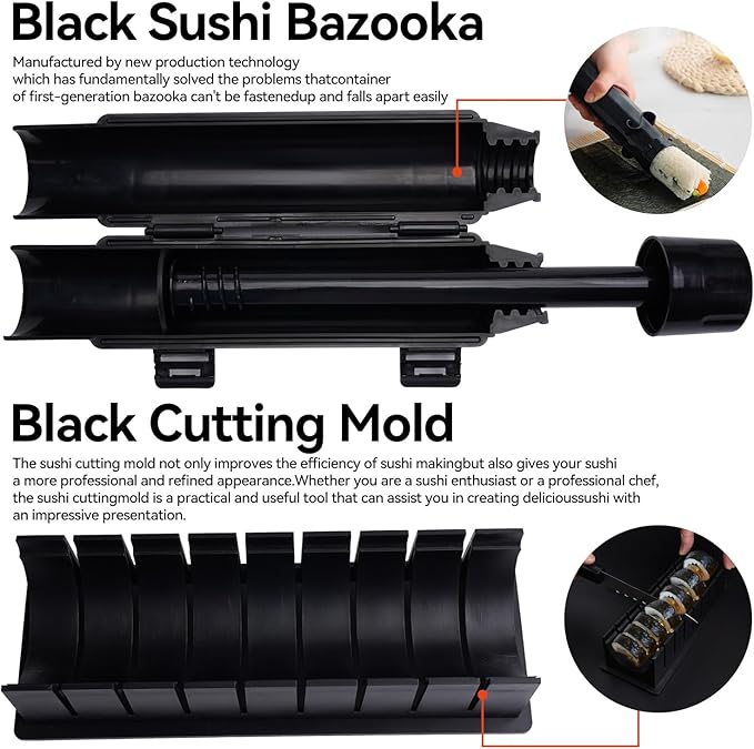 Sushi Making Kit, Pro Sushi Maker Bazooker Roller Kit with Guide Includes Bamboo Mat, Cutting Mold, Sushi Knife, Onigiri Mold, Chopsticks, Sauce Dishes, Rice Spreader&More All You Need DIY Sushi Gift