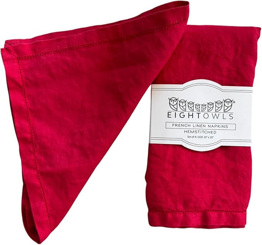 Hemstitched Linen Napkins – 20 Inch x 20 Inch – Stonewashed Pure Linen Cloth Dinner Napkins with Mitered Corners - 100% French Flax – Machine Washable - Set of 4 (Rich Red)