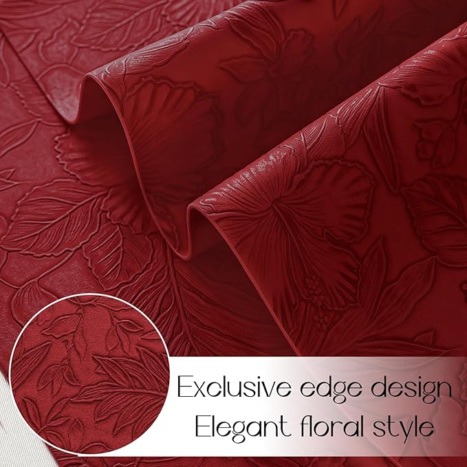 Romanstile Vinyl Placemats Set of 4-12 X 18 Inch - Heat Resistant Non-Slip Embossed Floral Place Mats 100% Waterproof Oilproof Wipeable Faux Leather Table Mats for Kitchen/Dining/Party, Red