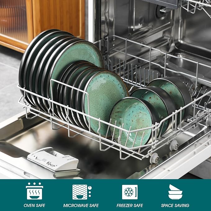 vancasso Plates and Bowls Sets, 18 Pieces Stoneware Dinnerware Sets for 6, Kitchen Dish Set Mircowave and Dishwasher Safe Dinner Set Ceramic Dishware, Turf Green, Series AMBER