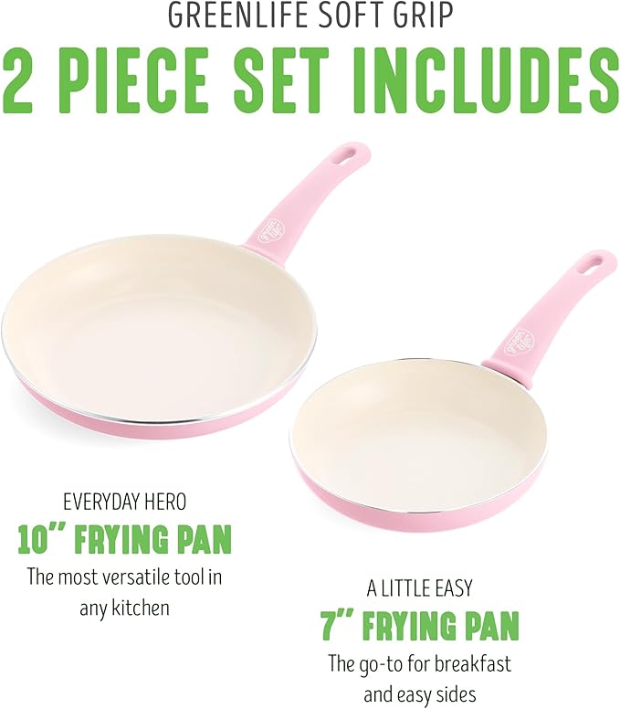 GreenLife Non Stick Fry Pan Set (7" & 10"), Non-Toxic PFAS-Free Ceramic Skillets, Dishwasher & Oven Safe, Egg Omelet Frying Pans, Stay- Cool Handles, Kitchen Home Cooking Essentials, Pink