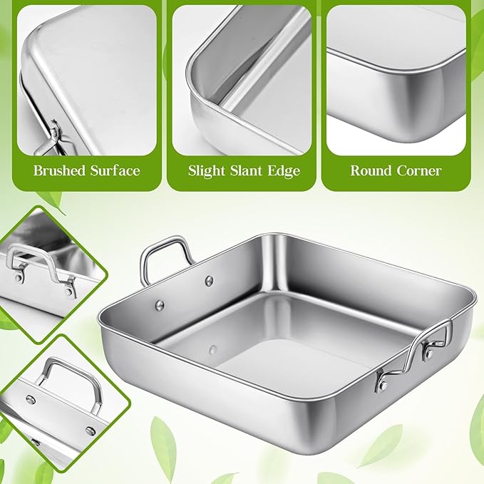 2 Pcs 8" x 8" Square Baking Pan Stainless Steel Cake Pan with Handles Nonstick Brownie Bakeware for Cakes Breads Casseroles Vegetables Dishwasher Safe Birthday Wedding Party