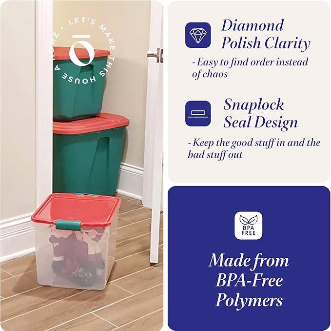 HOMZ 4-Pack Holiday Tote, Plastic Storage Organizer Bins with Lids, 31 Quart, Clear/Red - Stackable Organizing Containers for Home, Garage, and Office