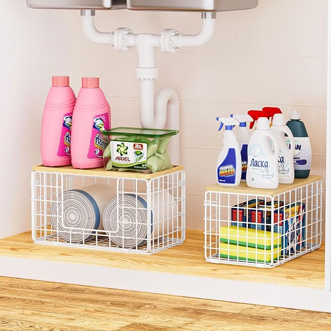 2 Pack Trash Bag Dispenser, Trash Bag Holder with Bamboo Top, Garbage Bag Dispenser, Storage Stackable for Kitchen Laundry Organizers Countertop Organization, White