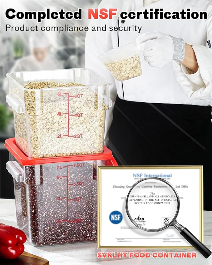 2QT4QT NSF Food Storage Containers: 8 PCS [Food Grade][Hot&Cold Resistant] Commercial Clear Square Food Storage Containers with Scales Handles for Home Restaurant Kitchen Proof Dough (Red)