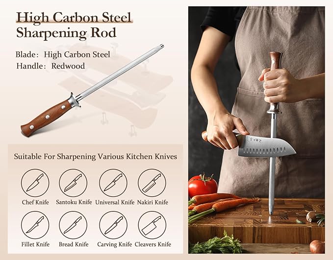 HEZHEN 8 PCS Kitchen Knife Block Set, German DIN 1.4116 Steel Knife Set with Block and Sharpener,Kitchen Shear, Ultra Sharp Blade,Red Wood Handle, Gift Packing