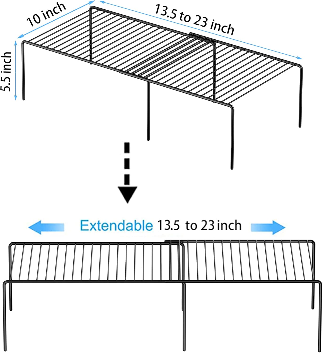 Redrubbit Expandable Metal Rustproof Kitchen Counter and Shelf Rack, 4 Piece Set of 2, Space Saver for Kitchen, Fridge, Bathroom