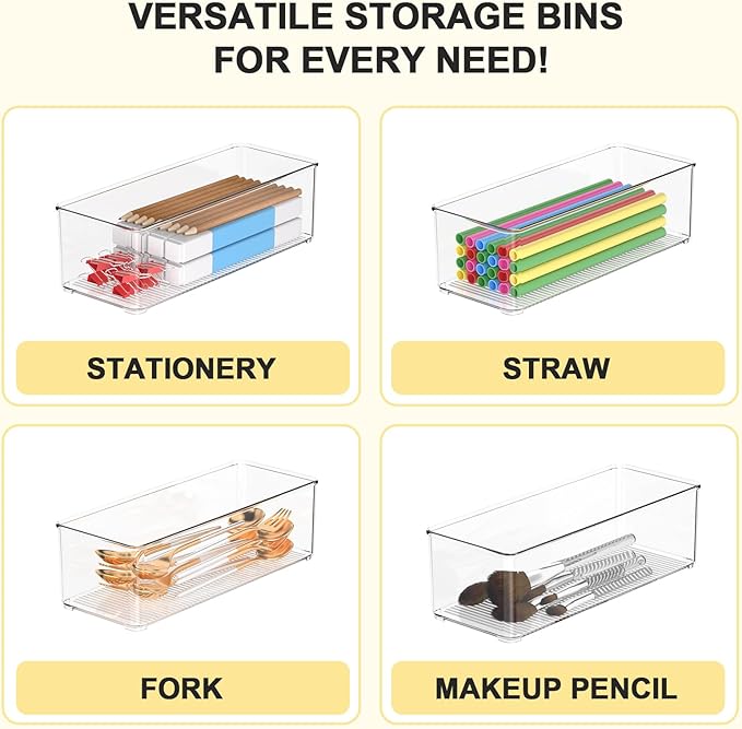 Set of 4 Clear Plastic Storage Bins, 2 Large +2 Small Pantry Organizers and Storage Containers for Kitchen Organization, Home Storage Essentials for Cabinet, Office, Garage, Freezer& Bathroom