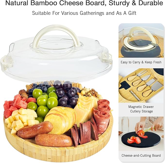 Charcuterie Board with Lid-Portable Bamboo Cheese Board Set,Travel Round Tray with Locking Lid for Picnic, Party Snacks, Wedding & Housewarming & Kitchen Gifts for Women