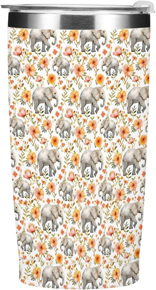 Cute Elephants Tumbler, Elephant Decor 20 oz Stainless Steel Coffee Mug，Travel Cup，Insulated Cup with Lid for Car, Elephant Gifts for Women Girls Animal Lovers Birthday Christmas Thanksgiving