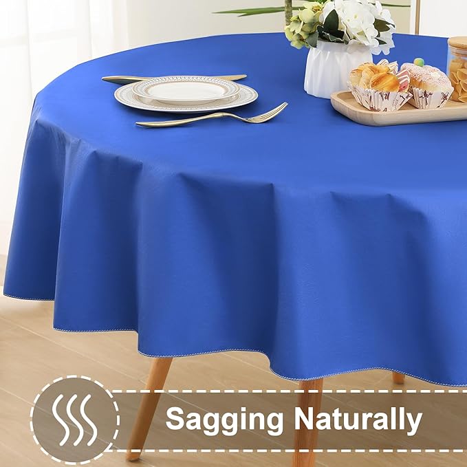 homing Round Vinyl Tablecloth, Waterproof Spillproof Plastic Flannel Backed Table Cloth, Wipe Clean Table Cover for Dining, Buffet Parties and Camping (Blue, 60")