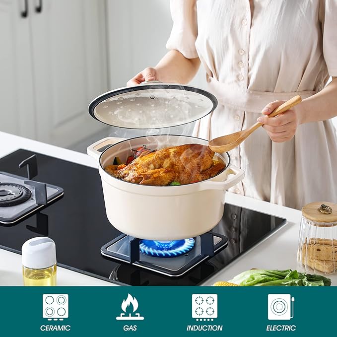 vancasso Cast Iron Dutch Oven, 6 QT Round Pot with Lid and Dual Handles, Non Stick Enamel Coating for Bread Baking, White