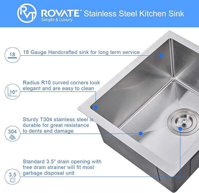 Bar Sink, ROVATE 13 x 15 inch Undermount Bar or Kitchen Sink, Handmade Single Bowl T-304 Stainless Steel Small Wet Bar Sinks