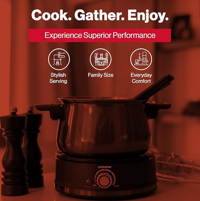 Swissmar Arolla 10 Pieces Stainless Steel Electric Fondue Set - Perfect Fondue Pot Electric Set for Cheese, Chocolate, Oil, Broth & More - Gift Ideas for Wedding, House Warming, Red, 2.1 Qt / 2L