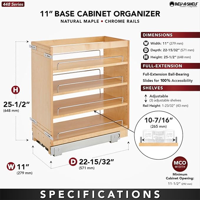 Rev-A-Shelf 11" Pullout Kitchen Cabinet Storage Organizer Slide Out Pantry Spice Rack with Adjustable Shelves for 11.5" W Cabinet Opening, 448-BC-11C
