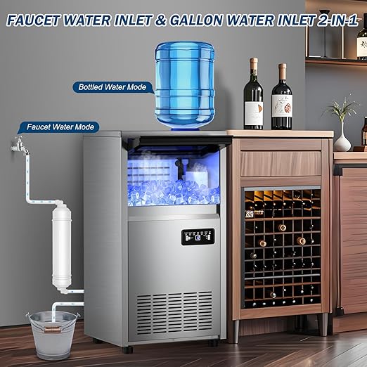 140Lbs/24H Ice Maker Machine with 30Lbs Ice Capacity for Commercial &Home use, 50Pcs Clear Ice Cubes per Round in 11-20Mins, Stainless Steel Under Counter Freestanding Ice Machine Maker