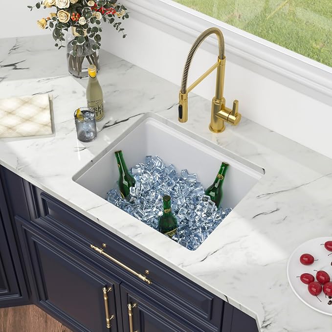 Kichae White Undermount Bar Sink - 21 x 18 Inch Composite Granite Quartz Sink Undermount Wet Bar Prep Kitchen Sinks Single Bowl Basin with Cutting Board