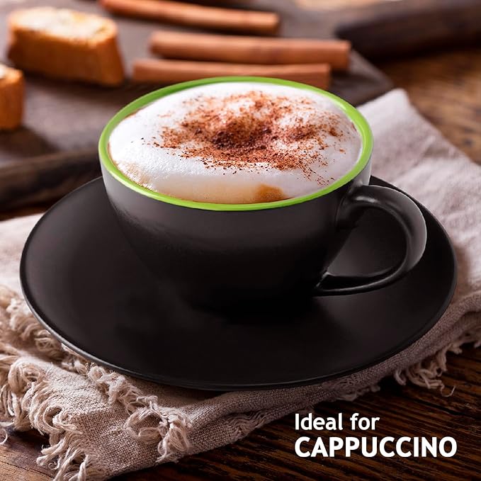 MIAMIO - Set of 6, Ceramic Stackable Cappuccino Cups Set / 6 Ounce Cappuccino Mugs and Saucer with Metal Stand for Coffee Drinks, Cafe, Latte, Americano and Tea - Le Papillon Collection (Green)