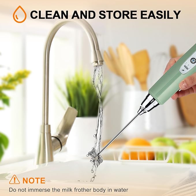 YUSWKO Granite Green Handheld Milk Frother Wand for Coffee, Rechargeable Electric Whisk with 3 Heads 3 Speeds Drink Mixer Coffee Frother For Latte, Cappuccino, Hot Chocolate, Egg