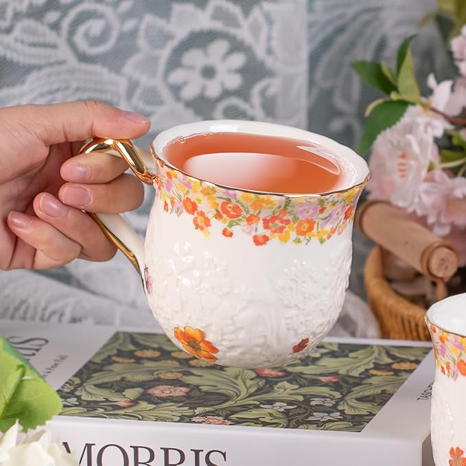 KAMMAK Coffee Mugs Ceramic Espresso Cups 16oz Porcelain Tea Cups Set of 2 Large Cappuccino Mugs with Handle Demitasse Mug for Hot Cocoa, Latte, Breakfast Cereal, Americano (Flower)