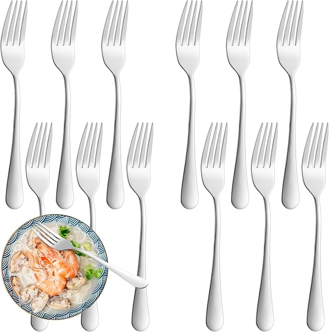 12 Piece Dinner Forks Set, Food-Grade Stainless Steel Forks Silverware, Cutlery Forks, Dessert Forks, Metal Forks for Home, Kitchen or Restaurant, Mirror Polished, Dishwasher Safe - 8 Inch
