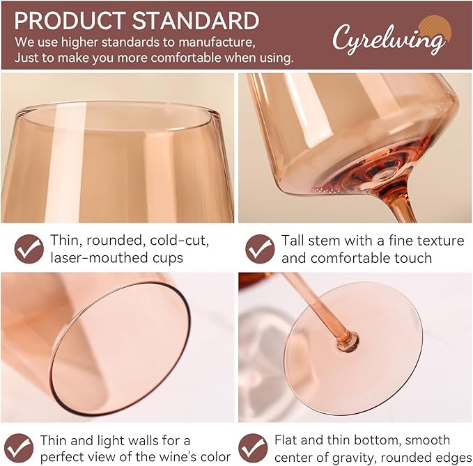 Brown Wine Glasses Set of 6-18oz【Hand Blown】 Crystal Amber Stemmed Venus Wine Glasses-Brown Wine Glass set for Fall Autumn Winter Wine Dinner