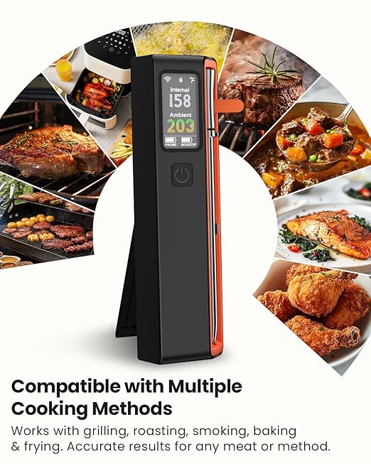 Wireless Bluetooth Smart Meat Thermometer: ±0.5°F Precision, 1 Probe with 6 Sensors - WiFi Thermometer NIST Certified Accuracy, LED Smart Base, Long-Range for BBQ, Oven, Smoker, Rotisserie
