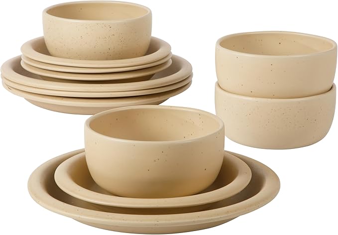 Bloomhouse - Two Time Oprah's Favorite Things Winner - Corsica Clay 12 Piece Stoneware Rustic Reactive Glaze Dinnerware Set - Stackable Plates Bowls Set. Service for 4 - Matte Finish Cappuccino Cream