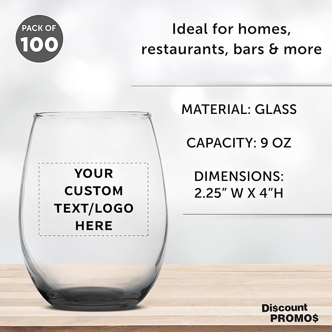 Custom Stemless Wine Glass 9 oz. Set of 100, Personalized Bulk Pack - Great for Wedding Favors, Bachelorette Party Decorations, Party Fovors, Color Bottom - Black