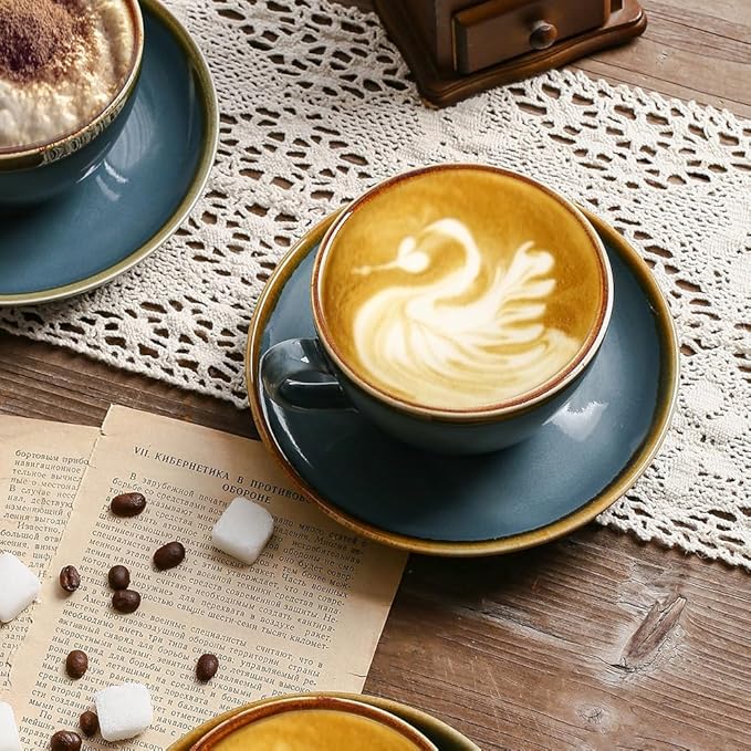 SHUER Ceramic Cappuccino Cup Set of 4, 7.8 OZ Cups and Saucers Set,Coffee Mocha Cup Sets,Black Coffee Cups and Glaze Americano Mugs Great for Party and Low Tea Time (Blue 220ml)