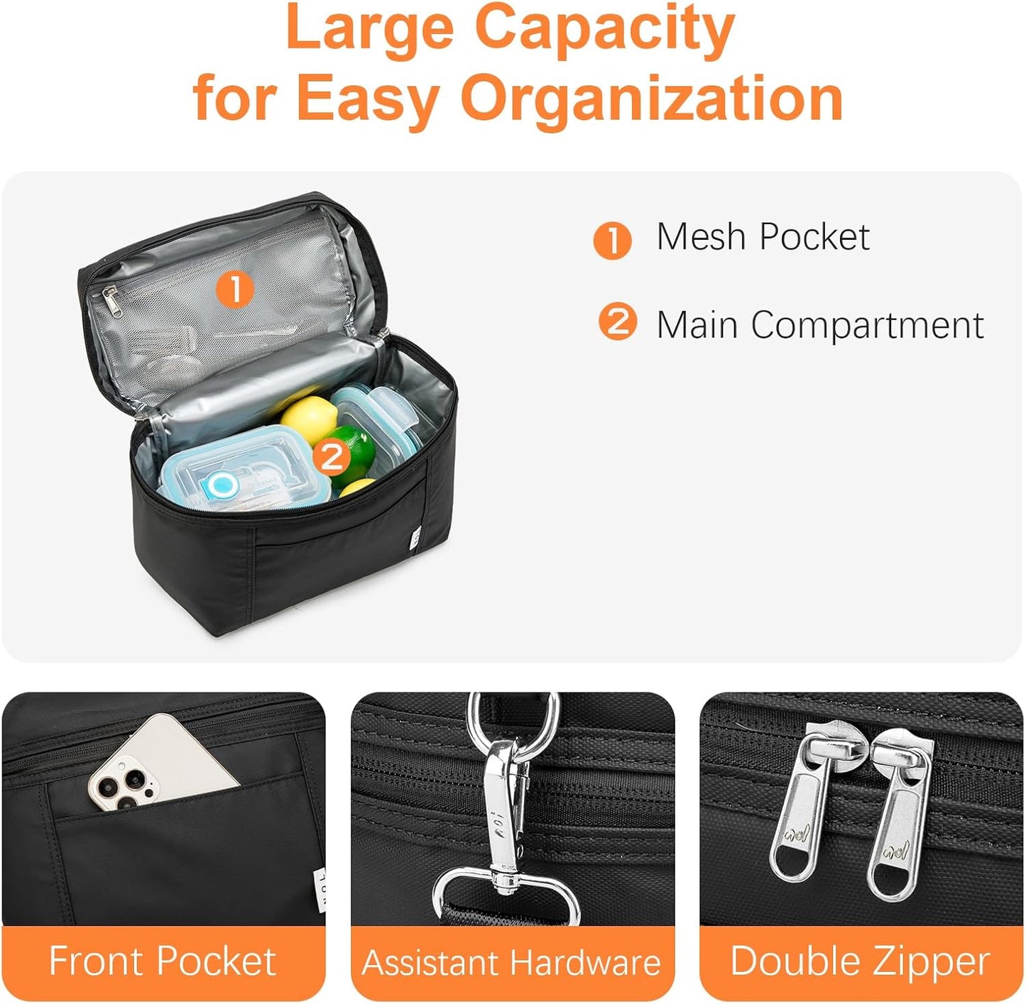 NOL Natural Organic Lifestyle Small Insulated Lunch Bags for Women Cooler Bag Lightweight Nylon Waterproof Lunch Box For Work（Small，Black）