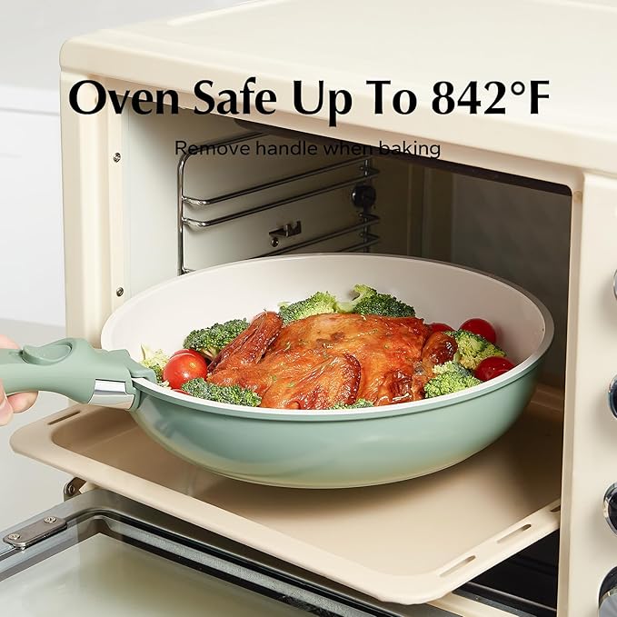 Redchef Pots and Pans Set Non Stick, Ceramic Cookware Set, Stackable Pots Pans, Non Toxic, PFAS/PFOA/PTFE Free, Induction Kitchen Cooking Set with Removable Handles, Dishwasher Safe, Green