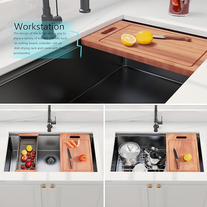 30 inch Black Undermount Kitchen Sink, Stainless Steel Undermount Workstation Sink 16 Gauge Handmade Single Bowl Kitchen Sinks R10 Round Corner with Ledge and Accessories (Pack of 5)